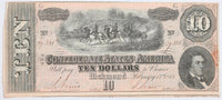 A T-68 obsolete ten dollar treasury bill issued by the Southern Central Government in 1864 during the civil war for sale by Brandywine General Store in extra fine  condition