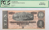A T-68 obsolete ten dollar treasury bill issued by the Southern Central Government in 1864 during the civil war for sale by Brandywine General Store graded by PCGS at 63 PPQ