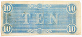 A T-68 obsolete ten dollar treasury bill issued by the Southern Central Government in 1864 during the civil war for sale by Brandywine General Store reverse of bill