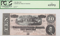 A T-68 obsolete ten dollar treasury bill issued by the Southern Central Government in 1864 during the civil war for sale by Brandywine General Store graded by PCGS at 62PPQ
