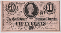 A fifty cents Jefferson Davis bust obsolete bill issued by the Central Government during the Civil War in 1864 for sale by Brandywine General Store in extra fine condition