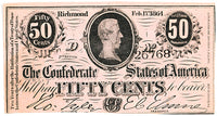 A fifty cents Jefferson Davis bust obsolete bill issued by the Central Government during the Civil War in 1864 for sale by Brandywine General Store in AU condition