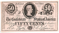 A fifty cents Jefferson Davis bust obsolete bill issued by the Central Government during the Civil War in 1864 for sale by Brandywine General Store in choice almost uncirculated condition