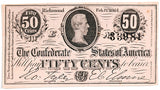 A fifty cents Jefferson Davis bust obsolete bill issued by the Central Government during the Civil War in 1864 for sale by Brandywine General Store in choice almost uncirculated condition