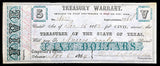 An obsolete Texas five dollars civil war Treasury Warrant for civil service issued from Austin on November 5, 1864  to Nueces County for sale by Brandywine General Store extra fine