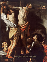 An archival premium Quality art Print of The Crucifixion of Saint Andrew painted by Italian Baroque artist Caravaggio in 1607 for sale by Brandywine General Store.