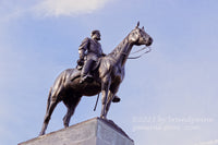 An original premium quality art print of Virginia Monument General Lee and Traveller in Blue Sky on Seminary Ridge in Gettysburg Military Park for sale by Brandywine General Store