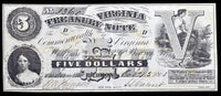 A five dollar obsolete civil war treasury note from the commonwealth of Virginia issued October 15, 1861 from the scarcer 1st issue of Bills issued by VA for sale by Brandywine General Store