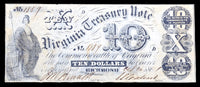 A ten dollar obsolete civil war treasury note from the commonwealth of Virginia issued October 15, 1861 from the scarcer 1st issue of Bills issued by VA Grading Fine