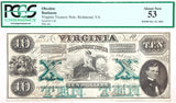 A ten dollar obsolete Virginia treasury note issued October 15, 1862 from the second issue of Bills issued by VA during the Civil War for sale by Brandywine General Store graded by PMG at AU 53