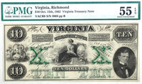 A ten dollar obsolete Virginia treasury note issued October 15, 1862 from the second issue of Bills issued by VA during the Civil War for sale by Brandywine General Store graded by PMG at AU 55 EPQ