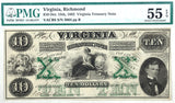 A ten dollar obsolete Virginia treasury note issued October 15, 1862 from the second issue of Bills issued by VA during the Civil War for sale by Brandywine General Store graded by PMG at AU 55 EPQ