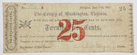 A quarter dollar scrip note from the County of Washington VA issued in Abingdon on June 13, 1862 for sale by Brandywine General Store with crossed guns vignette