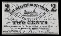 An obsolete two cents scrip from Pat Kelley's Restaurant and Livery Stable in West Troy New York dated Jan 20th, 1863 for sale by Brandywine General Store grading crisp uncirculated
