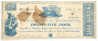 An obsolete twenty five cents currency issued by the Corporation of Winchester VA in 1861 for sale by Brandywine General Store in fine condition