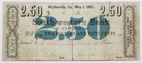 A very rare $2.50 Wytheville Virginia note from the Southwestern Bank of VA for sale by Brandywine General Store
