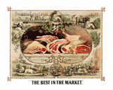 art print of antique butcher shop ad showing various cuts of meats