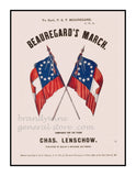Civil War Sheet music cover art print for 'Beauregard's March' with crossed flags and text.