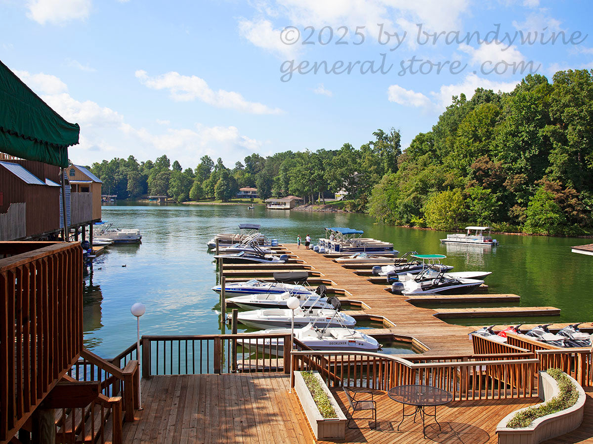 art print of boat slip and deck at Smith Mountain Lake in VA