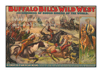 Vintage poster for Buffalo Bill's Wild West show with horses and riders.