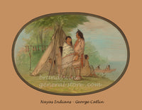 Illustration of Nayas Indians by George Catlin with a tent and natural setting.