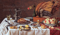 Still life painting of a table setting with food, a peacock, and a glass of brandy.