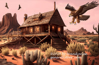 Dystopian western landscape with cabin, eagles and cacti art print