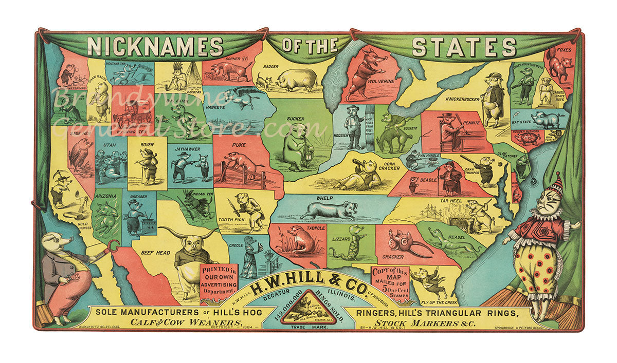 art print of antique ad for HIll's hog ringers featuring US map with comical hogs and state nicknames