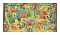 art print of antique ad for HIll's hog ringers featuring US map with comical hogs and state nicknames