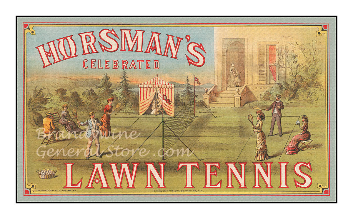 art print of antique ad for Horseman's lawn tennis with wealthy people playing the game