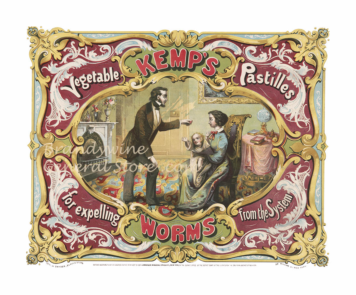 art print of antique ad for Kemp's worm expeller featuring scary looking family in parlor