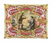 art print of antique ad for Kemp's worm expeller featuring scary looking family in parlor