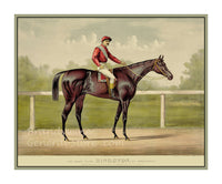 art print of antique ad for Kingston race horse with jockey on its back