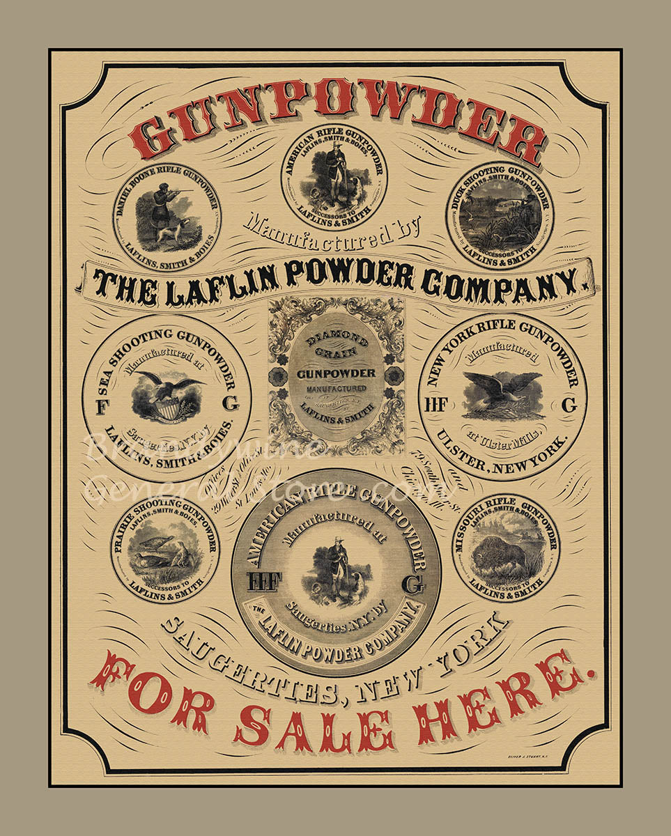 art print of antique ad for Gunpowder from The Laflin Powder Company with various product labels on a beige background.