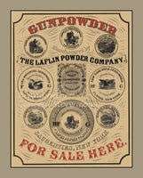 art print of antique ad for Gunpowder from The Laflin Powder Company with various product labels on a beige background.