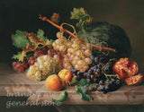 art print of still life with pomegranate, wine grapes and melon by Josef Lauer