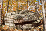 art print of many layered rock in WV mountains with fall foliage behind