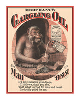 art print of antique ad for Merchant's gargling oil featuring a monkey holding the medicine