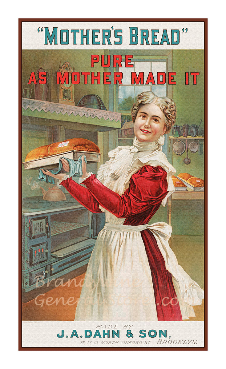 art print of antique ad for Mother's Bread featuring a matronly woman with hot steam loaves of bread