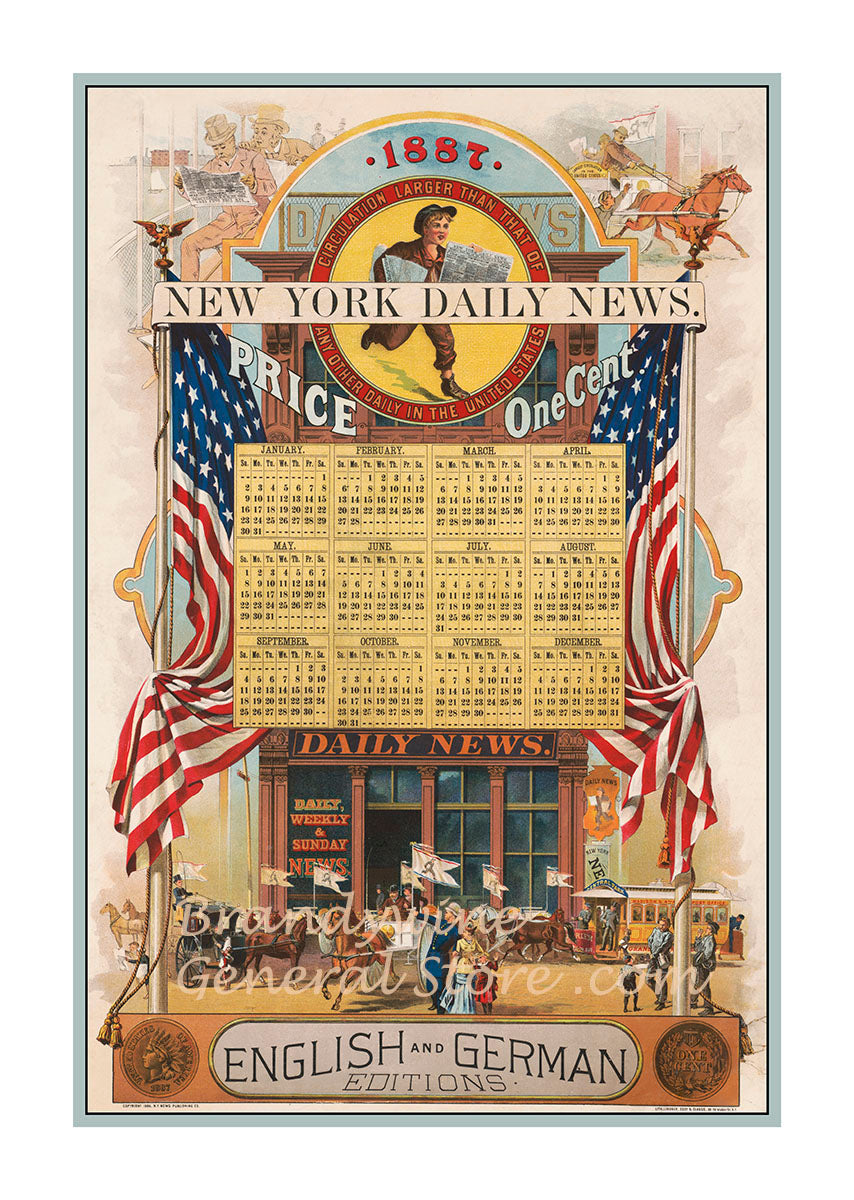art print of NY Daily news ad with 1887 calander and front of the New York city office