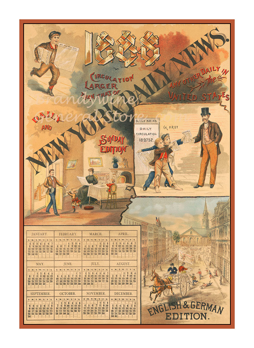 art print of 1888 calander for New York Daily news with various NYC scenes