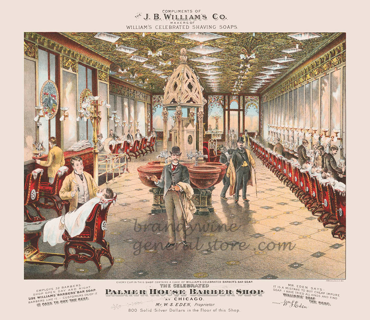 art print of a Vintage ad of a grand interior of a 19th century barber shop with patrons and staff.