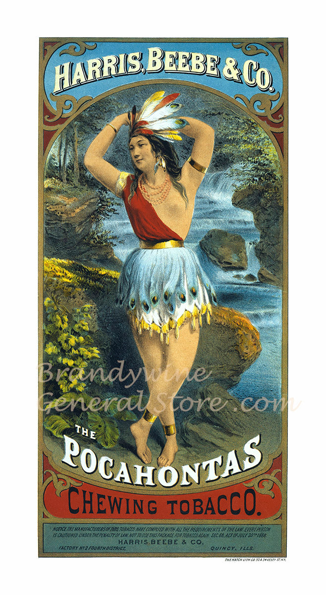 art print of antique ad for Pocahontas Chewing Tobacco featuring a Native American woman by a stream.