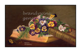 art print of still life of Flowers of Memory by E Remington featuring pansies over books