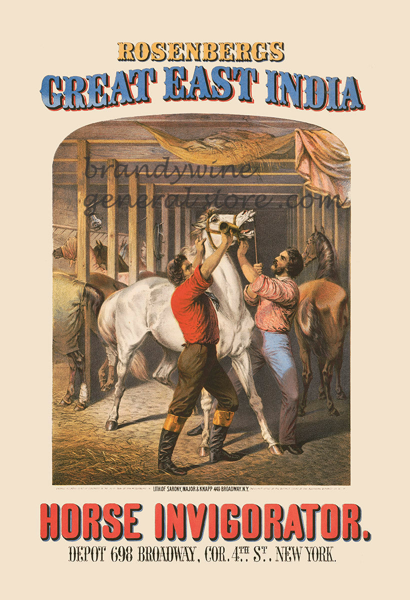 art print of an antique ad for Rosenbergs Great East India Horse Invigorator with a scene of people with horses.