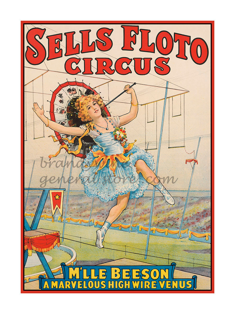 art print of antique ad for Sells Floto Circus featuring a young girl walking the high wire