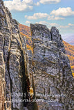 art print showing a large slice in the rocks on top of Seneca Rocks