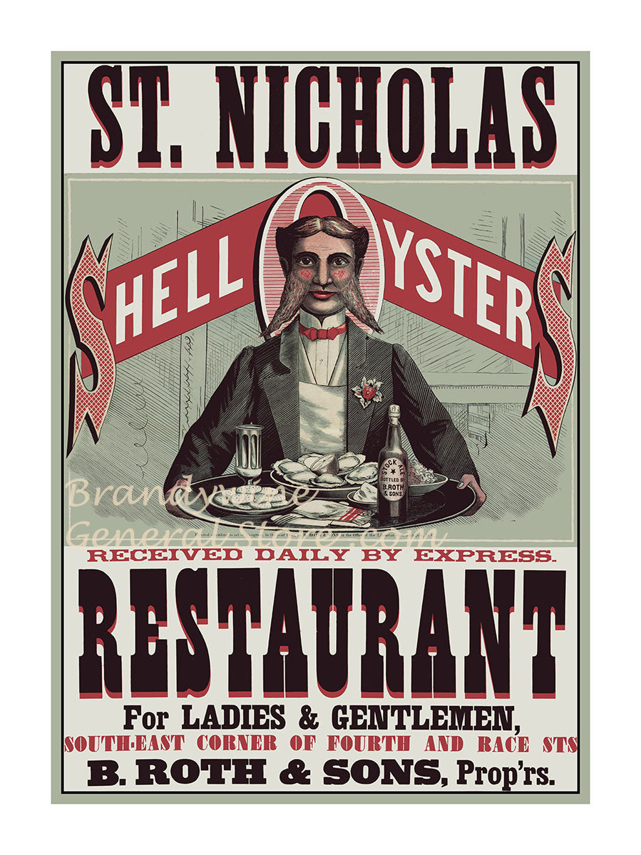 art print of antique ad for St. Nicholas Shell Oysters restaurant