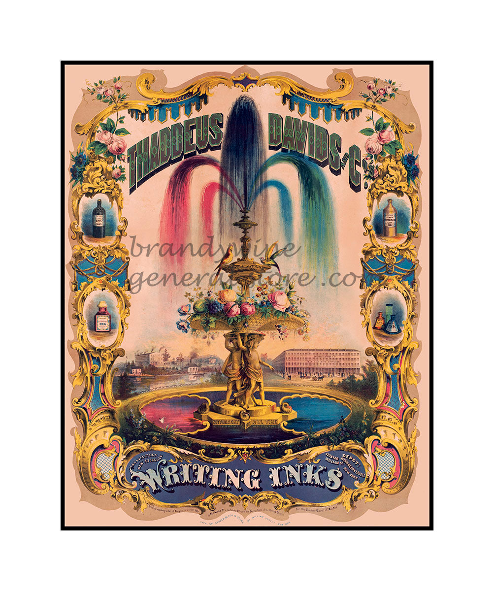 art print of antique ad for Thaddeus Davids writing inks with elaborate fountain