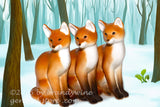 art print of three German porcelain fox figurines in snowy forest